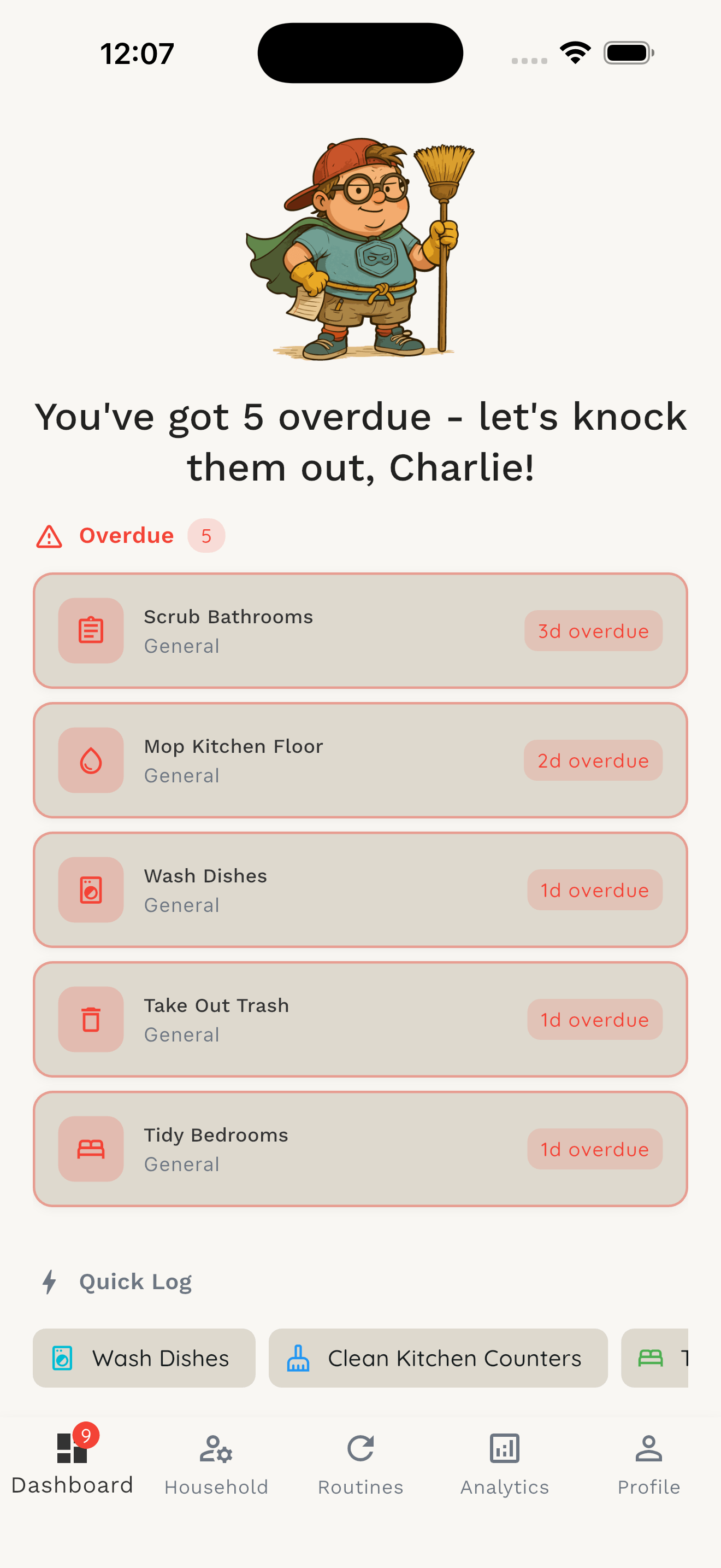 ChoreHero Dashboard showing overdue chores and quick log